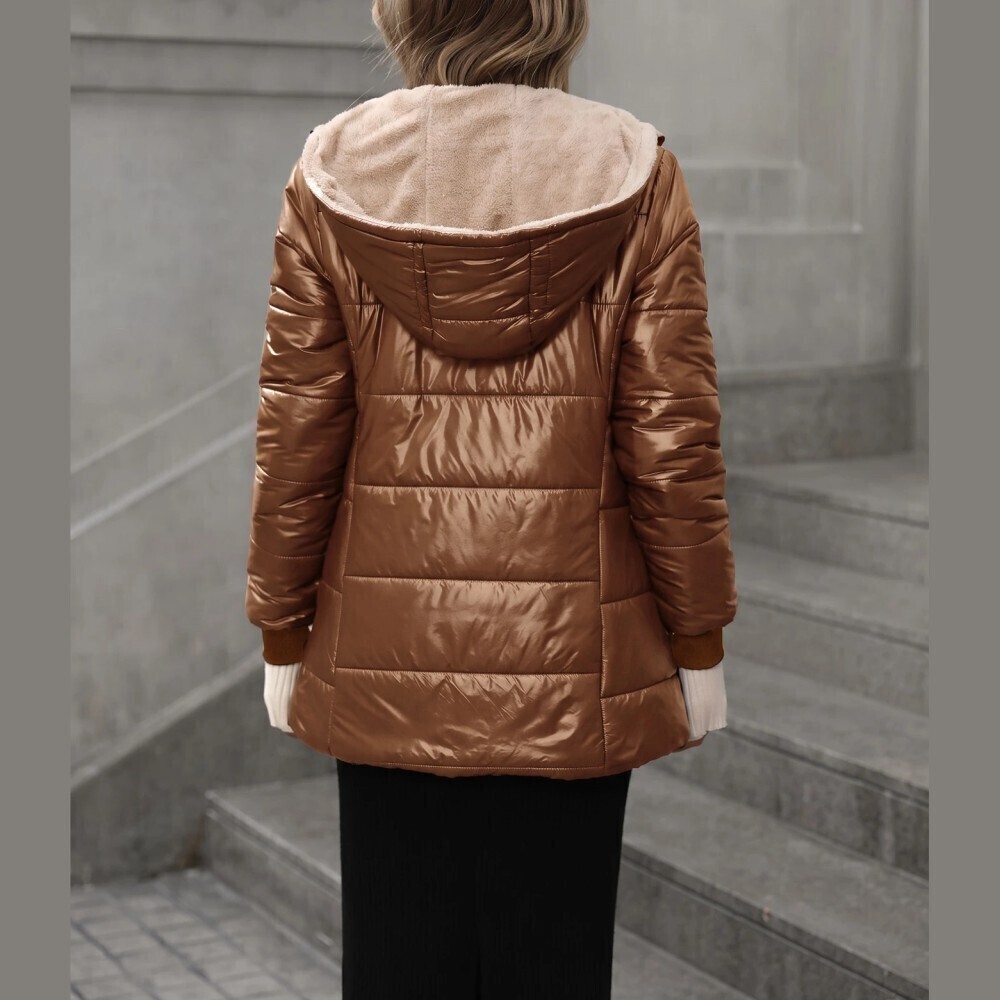 Camel / Brown Sherpa-Lined Hooded Zip Front Long Puffer Jacket